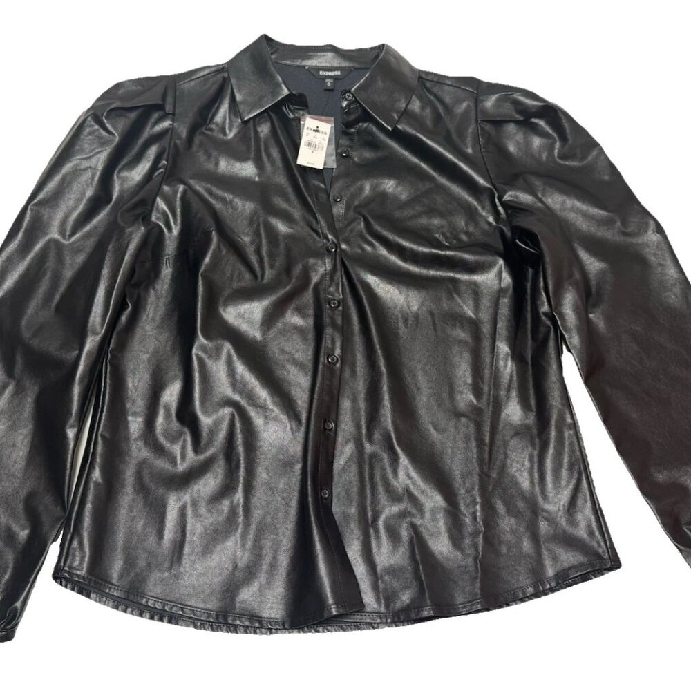 NWT EXPRESS Faux Leather Puff Sleeve Button Down Blouse size M
